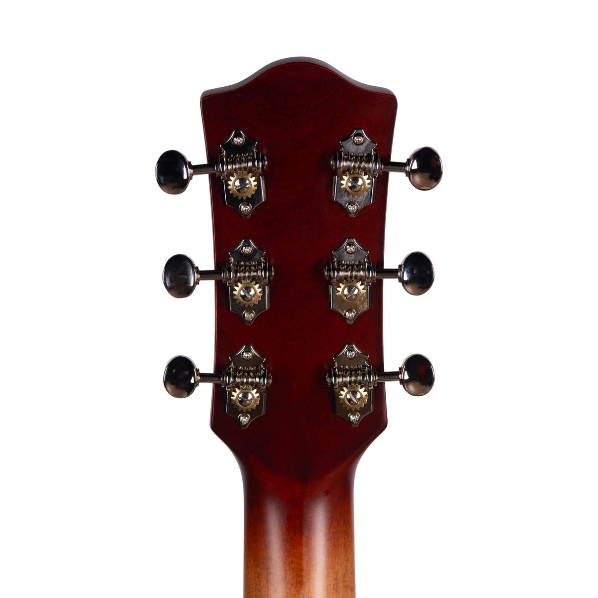 Close-up of the back of a Godin 5th Avenue Kingpin II DLX Vintage Burst HG SF headstock, featuring six chrome tuning pegs (three per side) and showcasing Canadian craftsmanship against a white background.