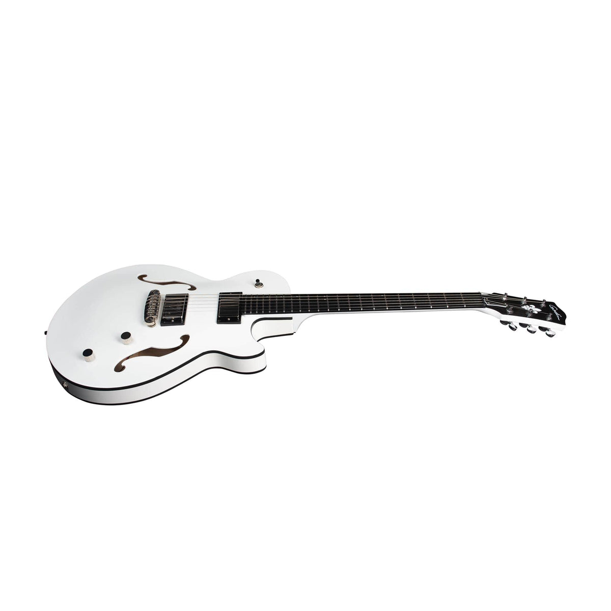 A striking white semi-hollow electric guitar featuring two f-holes, six strings, a dark fingerboard, and chrome tuning pegs rests on a white background—this is the limited edition Godin Rik Emmett Premiere Electric Guitar by Godin.