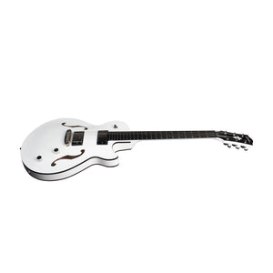 A striking white semi-hollow electric guitar featuring two f-holes, six strings, a dark fingerboard, and chrome tuning pegs rests on a white background—this is the limited edition Godin Rik Emmett Premiere Electric Guitar by Godin.
