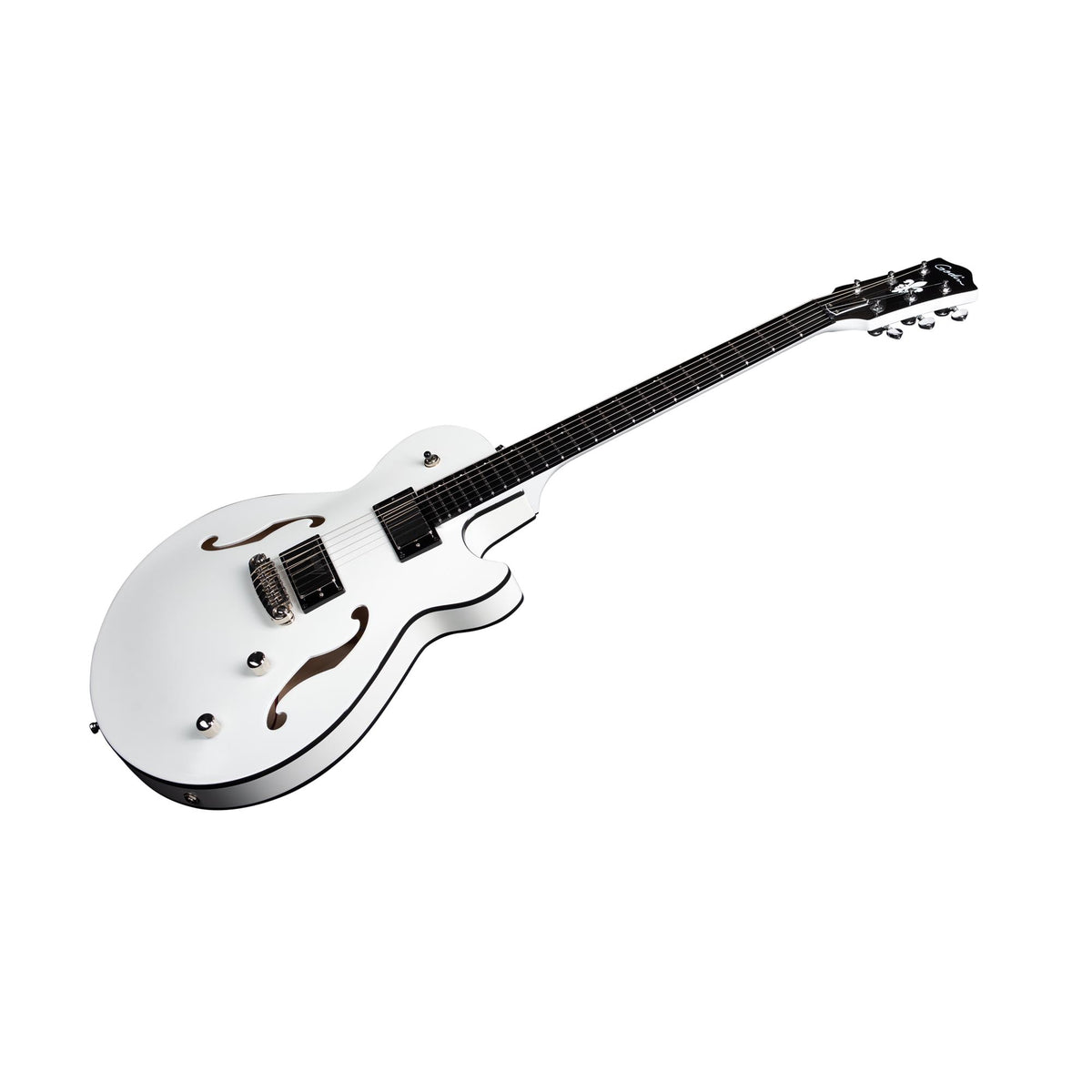 A striking white semi-hollow electric guitar with black accents, featuring two F-holes, four control knobs, and a six-string neck displayed on a simple white background—this is the Godin Rik Emmett Premiere Electric Guitar by Godin. As a limited edition model, it seamlessly blends exceptional style and outstanding performance for discerning musicians and collectors.