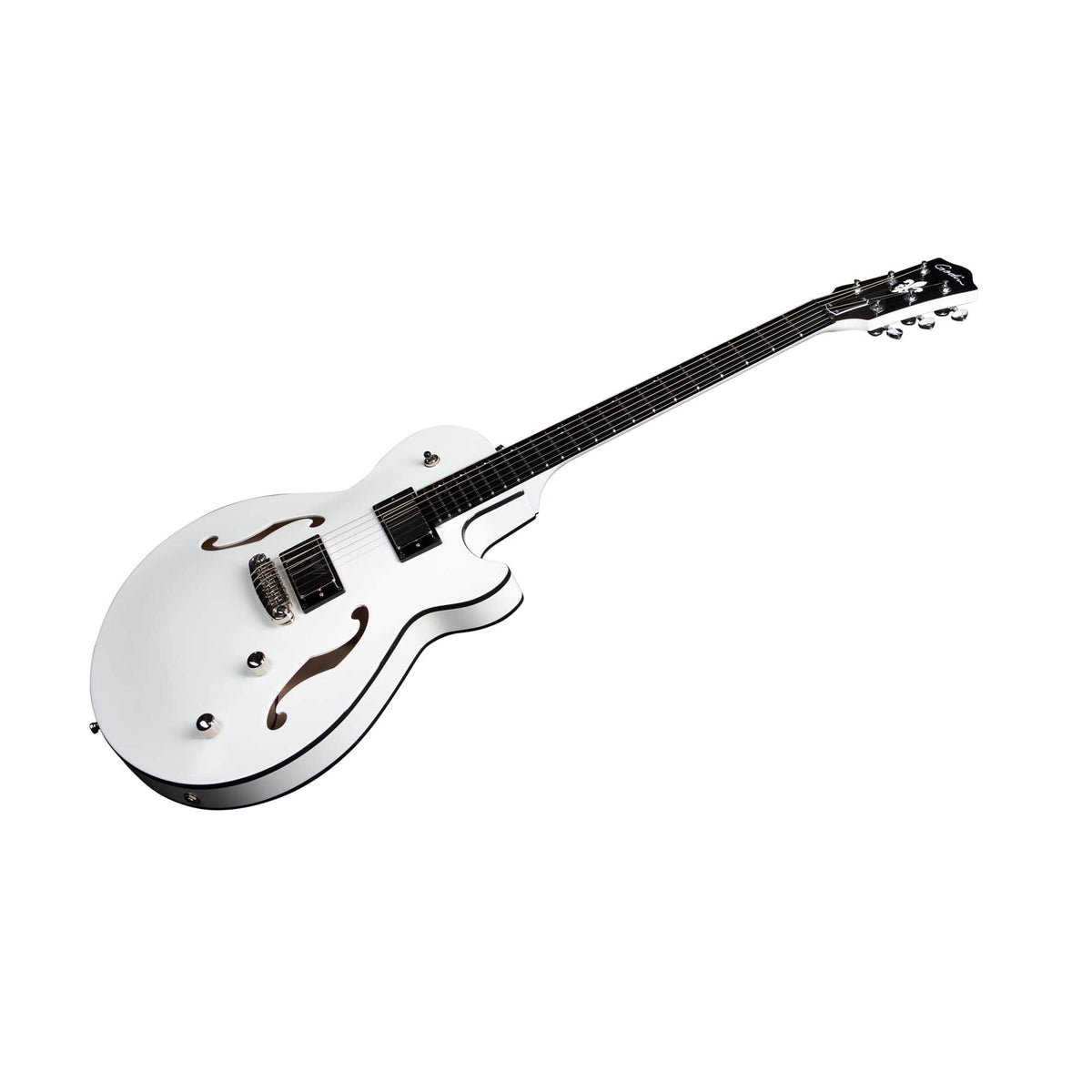 A striking white semi-hollow electric guitar with black accents, featuring two F-holes, four control knobs, and a six-string neck displayed on a simple white background—this is the Godin Rik Emmett Premiere Electric Guitar by Godin. As a limited edition model, it seamlessly blends exceptional style and outstanding performance for discerning musicians and collectors.