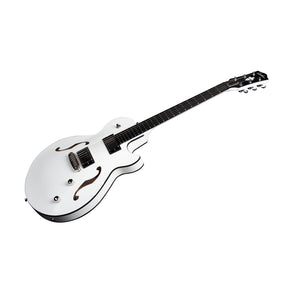 A striking white semi-hollow electric guitar with black accents, featuring two F-holes, four control knobs, and a six-string neck displayed on a simple white background—this is the Godin Rik Emmett Premiere Electric Guitar by Godin. As a limited edition model, it seamlessly blends exceptional style and outstanding performance for discerning musicians and collectors.