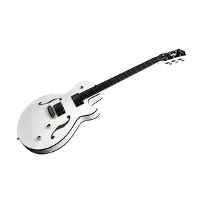 A striking white semi-hollow electric guitar with black accents, featuring two F-holes, four control knobs, and a six-string neck displayed on a simple white background—this is the Godin Rik Emmett Premiere Electric Guitar by Godin. As a limited edition model, it seamlessly blends exceptional style and outstanding performance for discerning musicians and collectors.