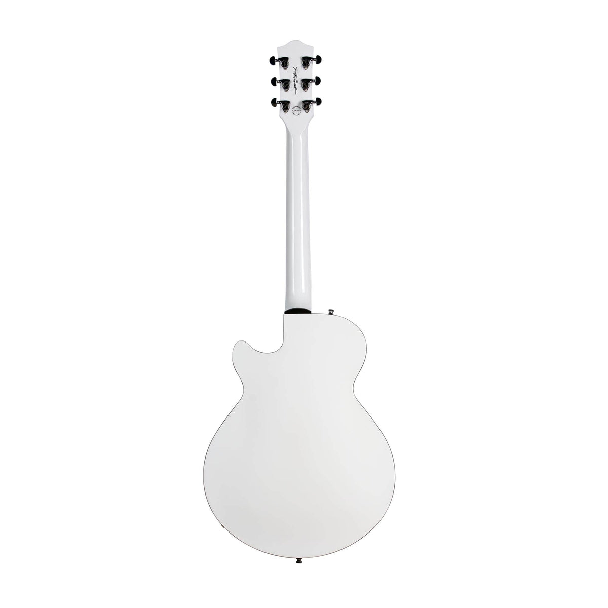 Back view of the Godin Rik Emmett Premiere Electric Guitar in a limited edition white finish, featuring a single cutaway design, six tuning pegs, and black strap buttons, shown isolated on a white background. This signature model by Godin exemplifies unique craftsmanship and distinctive style.