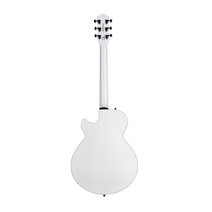 Back view of the Godin Rik Emmett Premiere Electric Guitar in a limited edition white finish, featuring a single cutaway design, six tuning pegs, and black strap buttons, shown isolated on a white background. This signature model by Godin exemplifies unique craftsmanship and distinctive style.