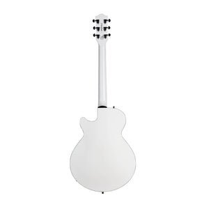 Back view of the Godin Rik Emmett Premiere Electric Guitar in a limited edition white finish, featuring a single cutaway design, six tuning pegs, and black strap buttons, shown isolated on a white background. This signature model by Godin exemplifies unique craftsmanship and distinctive style.