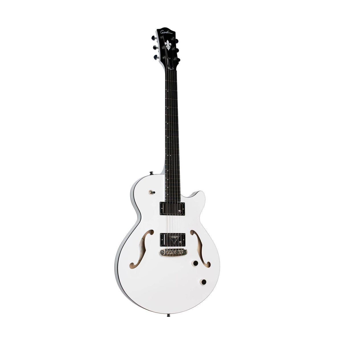 The Godin Rik Emmett Premiere Electric Guitar, a limited edition model from Godin, features a white semi-hollow body with black hardware, dual pickups, elegant f-holes, and a dark fretboard. Photographed against a white background, this signature instrument showcases exceptional design and craftsmanship.