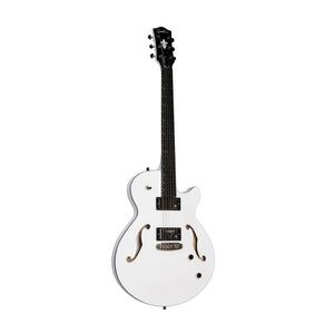 The Godin Rik Emmett Premiere Electric Guitar, a limited edition model from Godin, features a white semi-hollow body with black hardware, dual pickups, elegant f-holes, and a dark fretboard. Photographed against a white background, this signature instrument showcases exceptional design and craftsmanship.