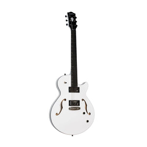 The Godin Rik Emmett Premiere Electric Guitar, a limited edition model from Godin, features a white semi-hollow body with black hardware, dual pickups, elegant f-holes, and a dark fretboard. Photographed against a white background, this signature instrument showcases exceptional design and craftsmanship.