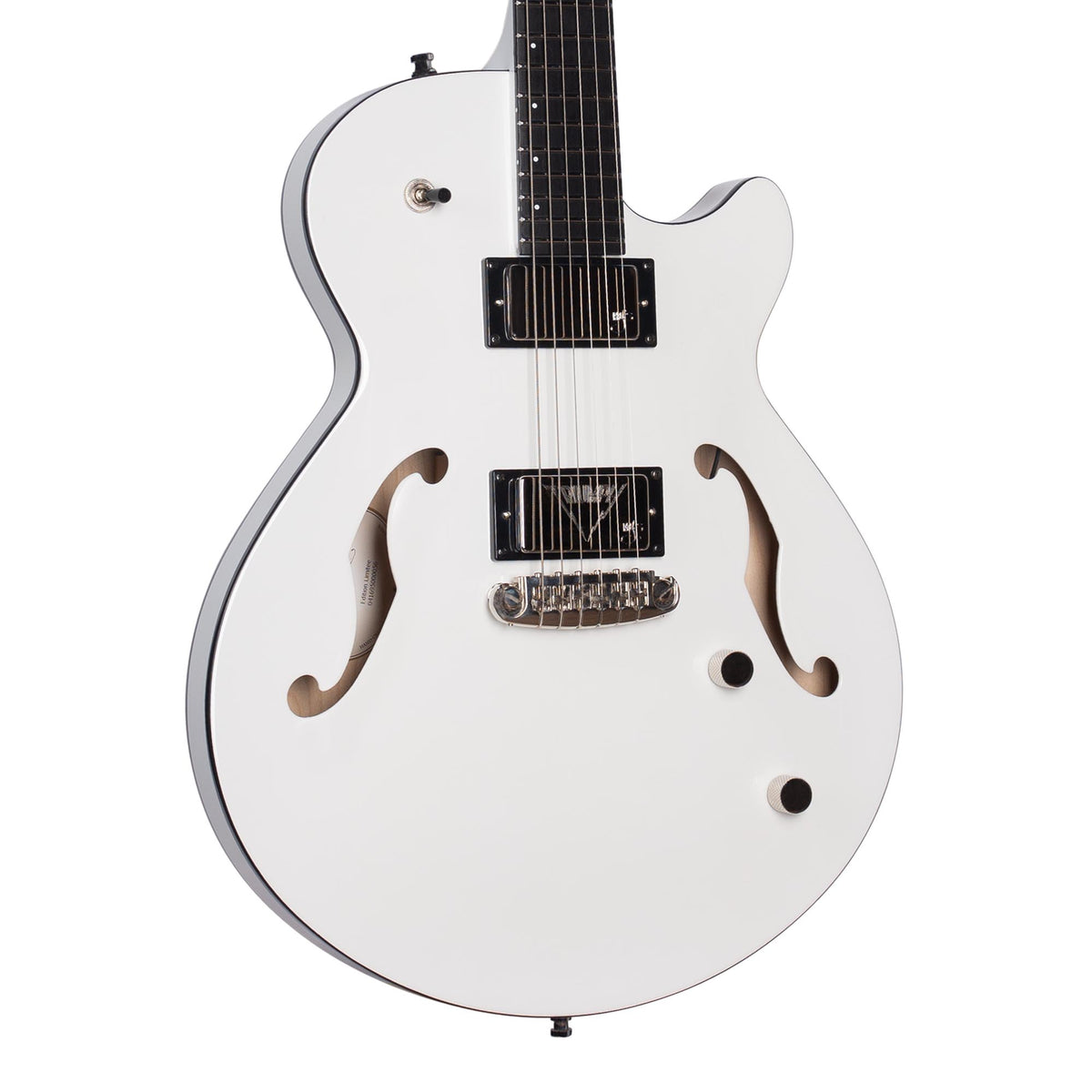This limited edition Godin Rik Emmett Premiere Electric Guitar features a white semi-hollow body with two f-holes, dual control knobs, a pickup selector switch, and a chrome bridge—drawing inspiration from the iconic signature model by Godin.