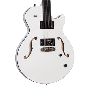 This limited edition Godin Rik Emmett Premiere Electric Guitar features a white semi-hollow body with two f-holes, dual control knobs, a pickup selector switch, and a chrome bridge—drawing inspiration from the iconic signature model by Godin.