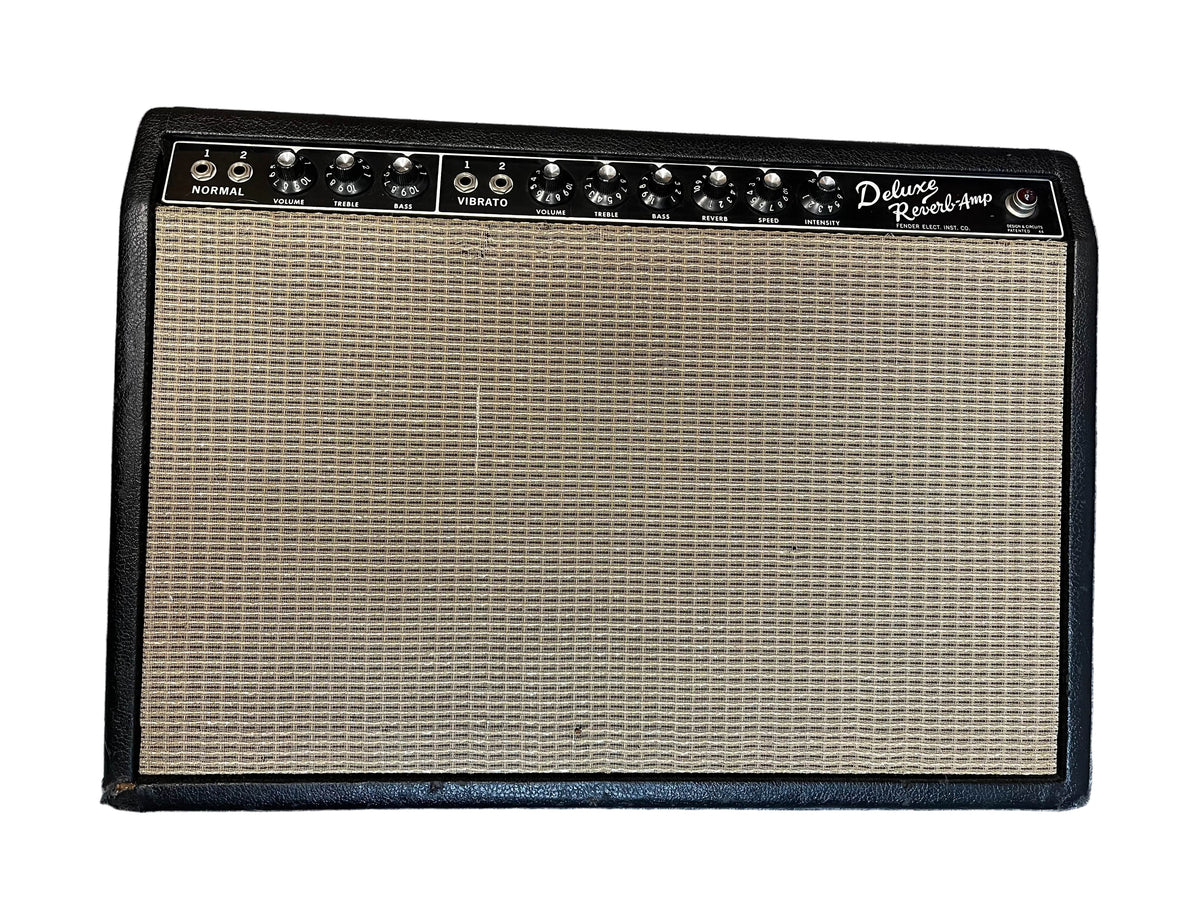 1965 Fender Deluxe Reverb AB763 by Fender, Pre-CBS Blackface Serial A 06439, features a black control panel, silver grille cloth, classic knobs, and labeled input jacks.
