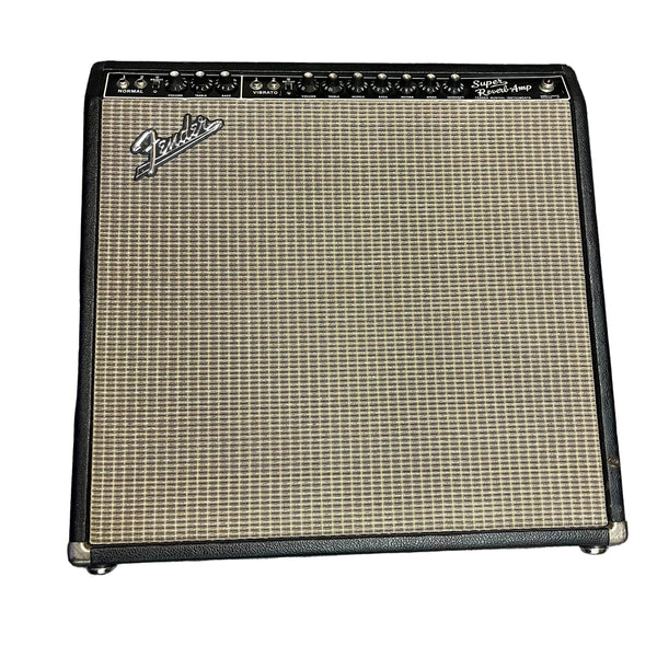The 1965 Fender Super Reverb - Black Panel from Guitars on Main features control knobs, input jacks, and the classic Fender logo on a woven grille—signature elements of this iconic amp. Available for local pickup.