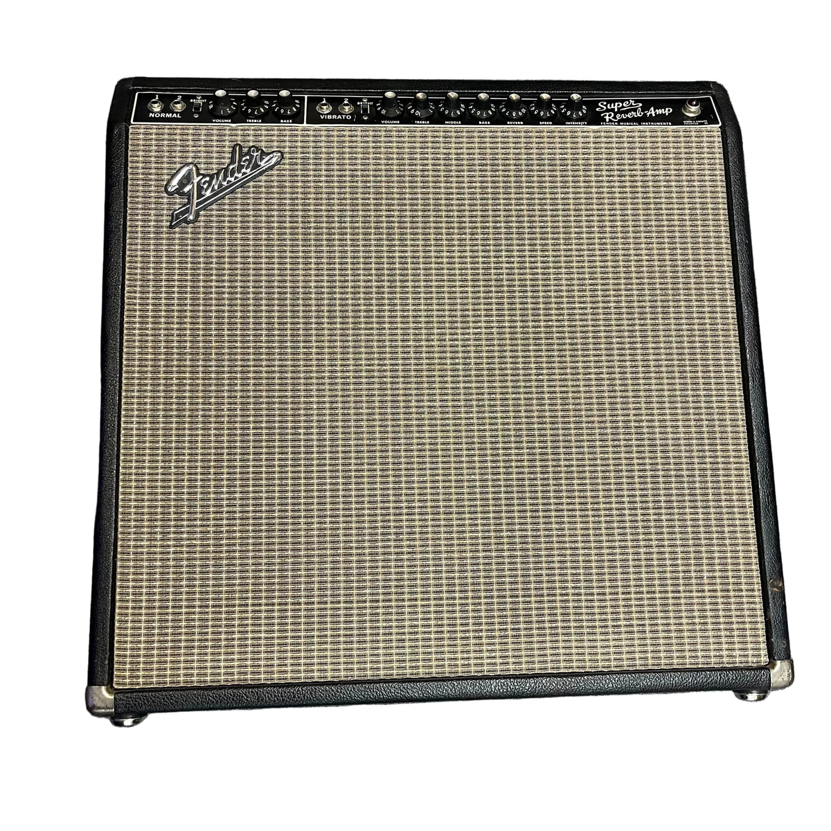 The 1965 Fender Super Reverb - Black Panel, available for local pickup at Guitars on Main, features a classic silver grille cloth and black control panel—ideal for achieving that iconic vintage tone.