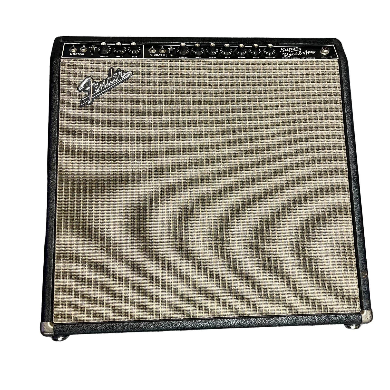 The 1965 Fender Super Reverb - Black Panel from Guitars on Main features control knobs, input jacks, and the classic Fender logo on a woven grille—signature elements of this iconic amp. Available for local pickup. The 1965 Fender Super Reverb - Black Panel from Guitars on Main features control knobs, input jacks, and the classic Fender logo on a woven grille—signature elements of this iconic amp. Available for local pickup.