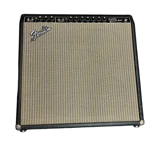 The 1965 Fender Super Reverb - Black Panel, available for local pickup at Guitars on Main, features a classic silver grille cloth and black control panel—ideal for achieving that iconic vintage tone.