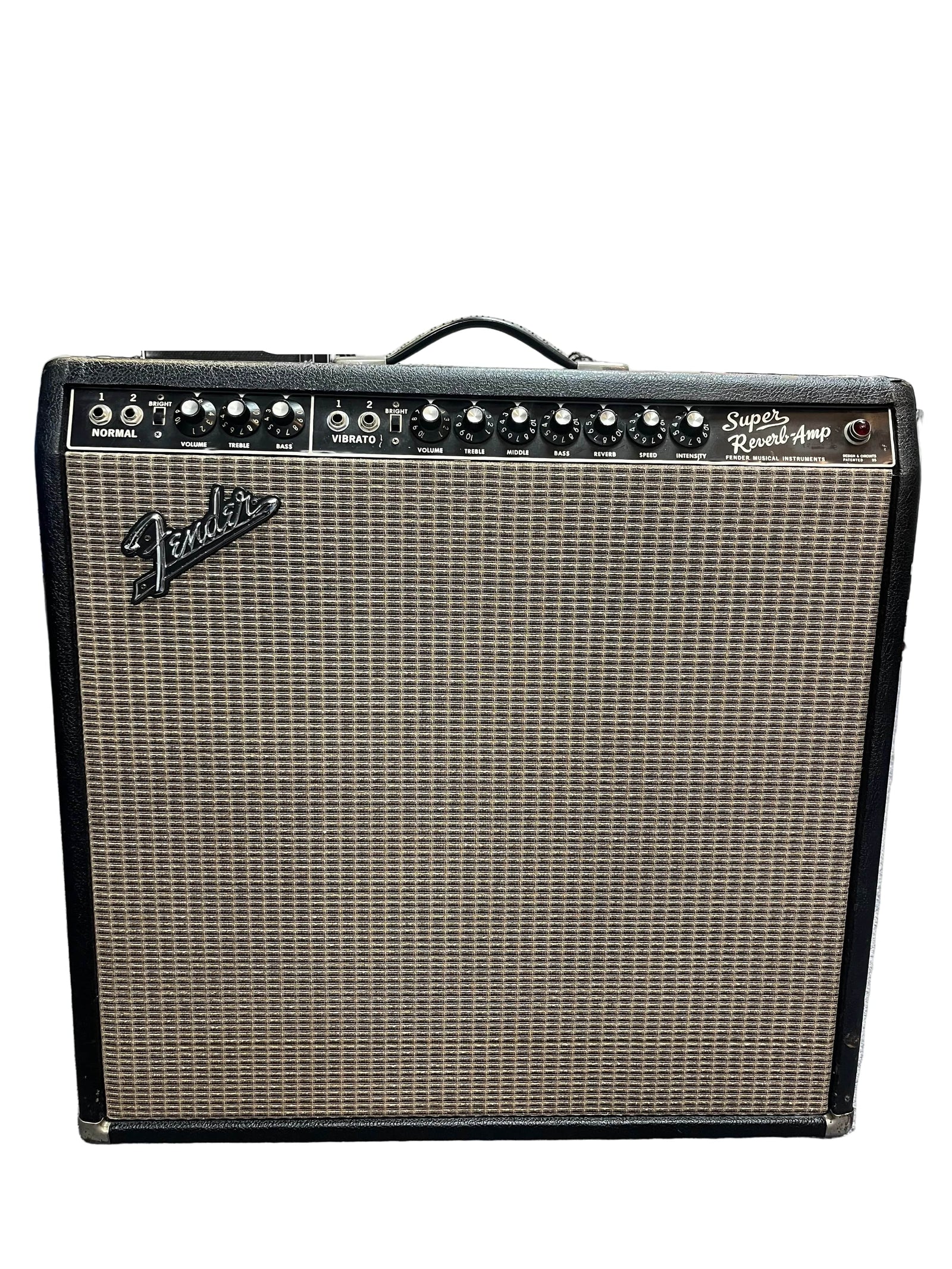 The 1965 Fender Super Reverb - Black Panel from Guitars on Main features control knobs, input jacks, and the classic Fender logo on a woven grille—signature elements of this iconic amp. Available for local pickup. The 1965 Fender Super Reverb - Black Panel from Guitars on Main features control knobs, input jacks, and the classic Fender logo on a woven grille—signature elements of this iconic amp. Available for local pickup.