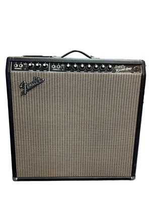 The 1965 Fender Super Reverb - Black Panel from Guitars on Main features control knobs, input jacks, and the classic Fender logo on a woven grille—signature elements of this iconic amp. Available for local pickup.