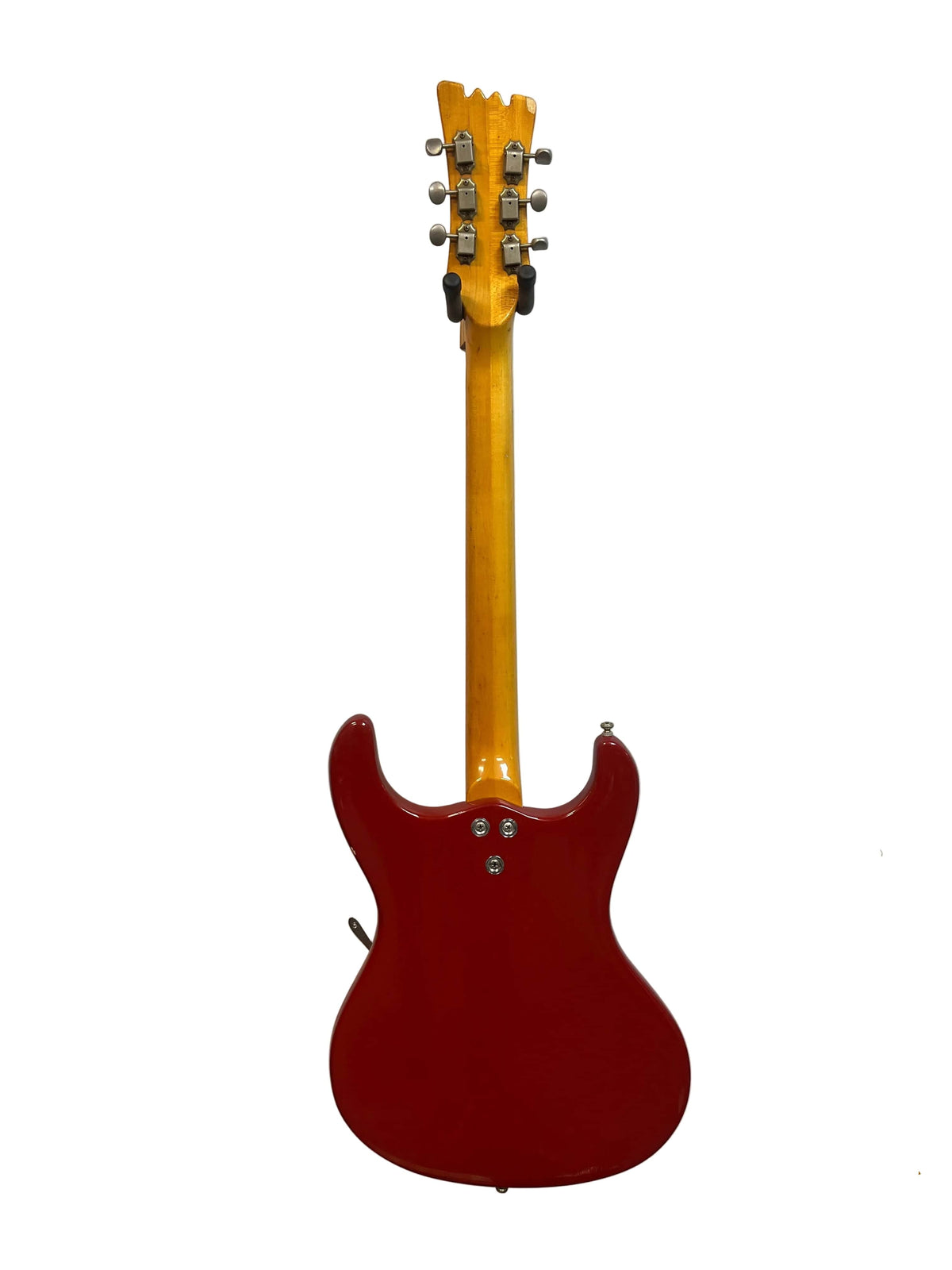 A 1967 Mosrite Mark I Vintage Guitar by Mosrite, photographed from the back to display its neck, tuning pegs, and glossy red body against a white background—a tribute to classic American guitar heritage.