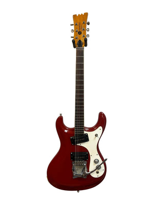 Mosrite 1967 Mark I Vintage Guitar—a red electric model with white pickguard, six tuning pegs, and tremolo bridge—showcasing classic American design, photographed on a white background.