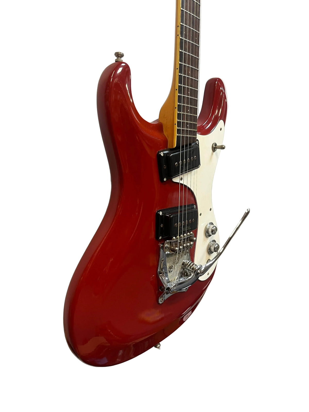 Mosrite 1967 Mark I Vintage Guitar: Iconic red electric guitar with white pickguard, dual pickups, knobs, and tremolo bar—showcasing classic American craftsmanship against a white background.