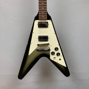 1979 Gibson Flying V Silverburst w/Case, showcasing vintage craftsmanship with minor blemishes, striking shape, and original case. Iconic piece from Guitars on Main's consignment collection.