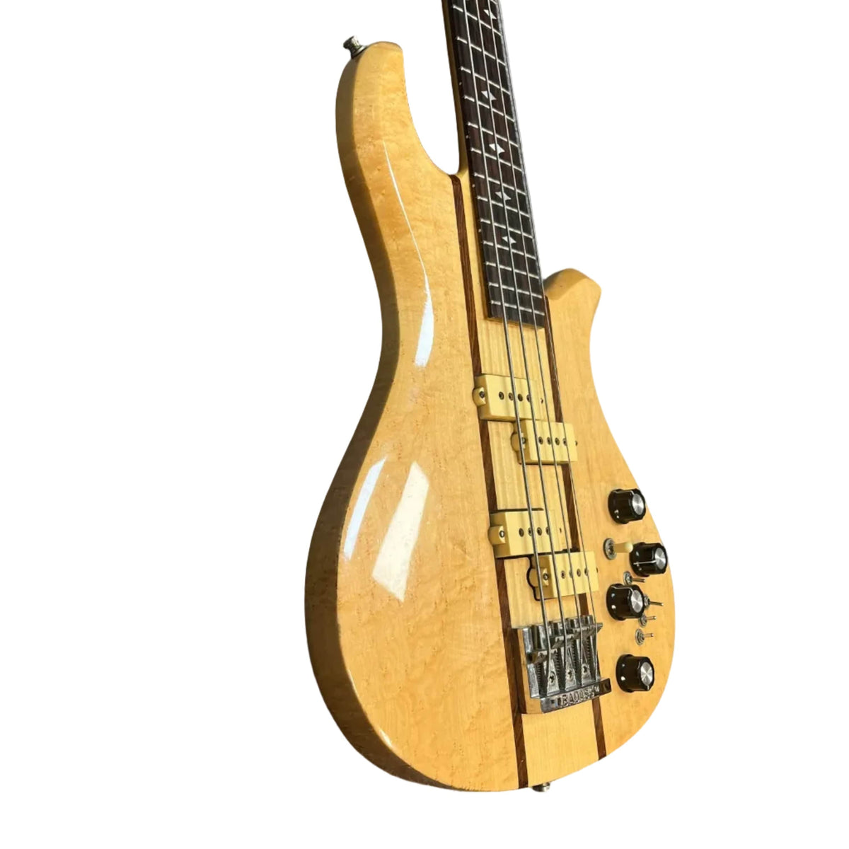 1982 B.C. Rich Eagle Bass, USA made with original electronics and professional setup, features neck-through construction, four strings, gold hardware, control knobs, natural gloss finish; shown on a white background.