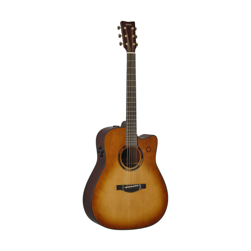 The Yamaha TAG3 C TransAcoustic Dreadnought Cutaway (2nd Gen) Sand Burst is a six-string acoustic guitar with Bluetooth, built-in electronic controls, and a sand burst finish, photographed against a white background.