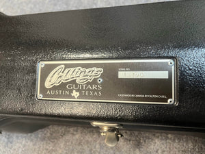 A black Calton case made in Canada with a metal "Collings Guitars, Austin Texas, Serial No. 13790" label. Ideal for a 2005 Collings CJ BaA Brazilian Rosewood & Adirondack Spruce guitar.