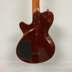 Rear view of a 2009 Godin Summit CT w/Carved Flame Maple Cap electric guitar body by Godin, featuring a black control plate with screws and a row of colored inlays near the lower edge.