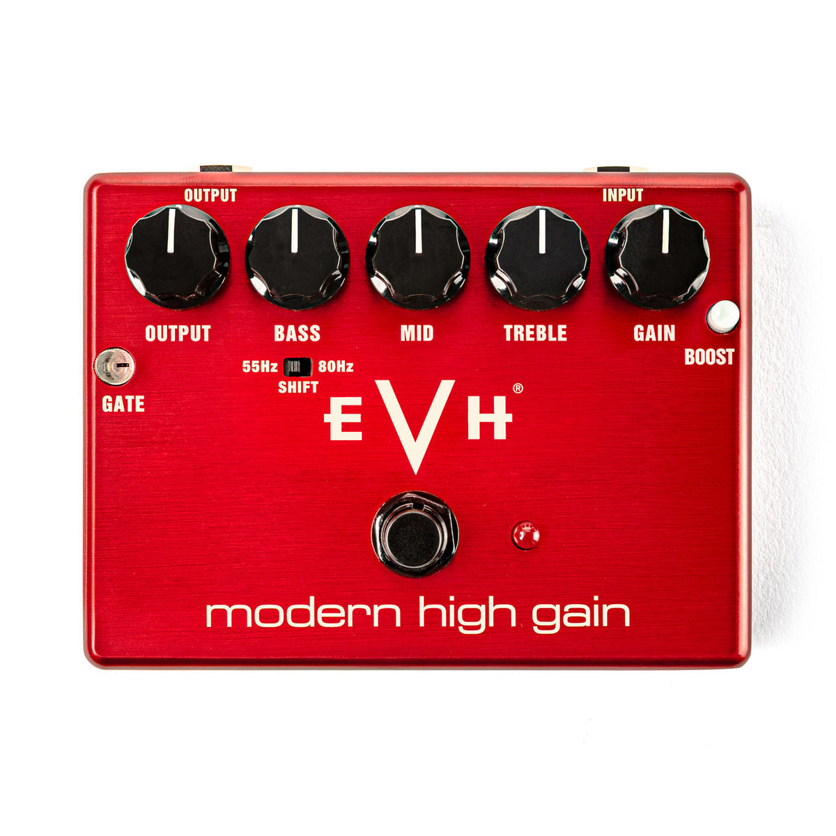 The MXR EVH MXR Modern High Gain EVHMHG is a red high-gain guitar effects pedal inspired by Eddie Van Halen, featuring five black knobs (Output, Bass, Mid, Treble, Gain) and two switches labeled Gate and Boost for versatile modern EVH high-gain tones.