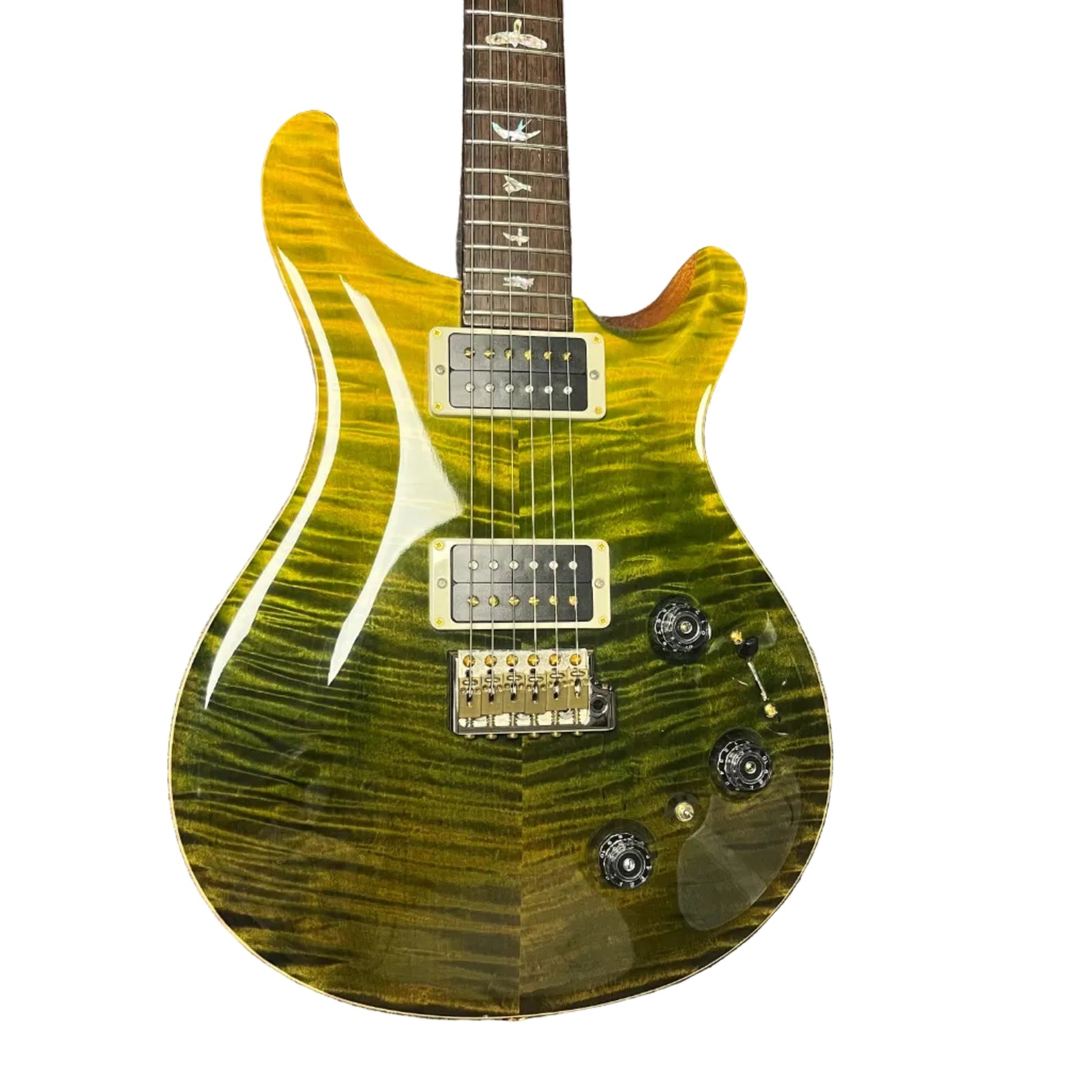 A PRS 2013 P22 Artisan Piezo Green Fade guitar with a flamed maple top, dual humbuckers, piezo saddles, four control knobs, bird fretboard inlays, Brazilian rosewood neck, and original case. A PRS 2013 P22 Artisan Piezo Green Fade guitar with a flamed maple top, dual humbuckers, piezo saddles, four control knobs, bird fretboard inlays, Brazilian rosewood neck, and original case.