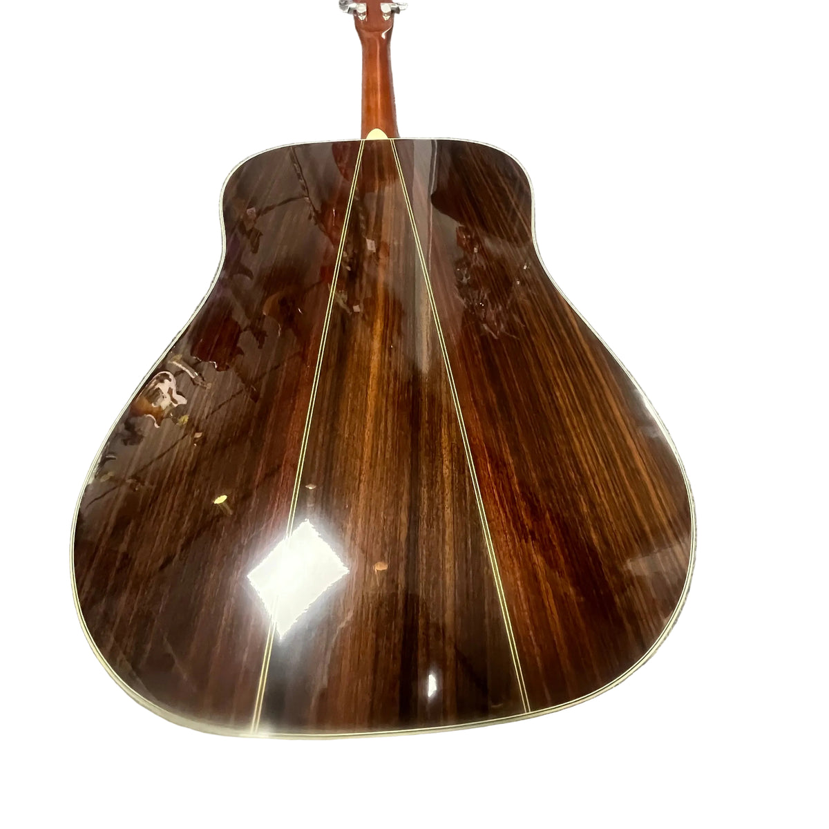 The Vintage Sigma DR-35 Acoustic Guitar w/case (Made in Japan) features a glossy dark wood back with light inlay lines, inspired by the Martin D-35, and is photographed against a white background.
