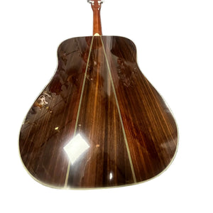 The Vintage Sigma DR-35 Acoustic Guitar w/case (Made in Japan) features a glossy dark wood back with light inlay lines, inspired by the Martin D-35, and is photographed against a white background.
