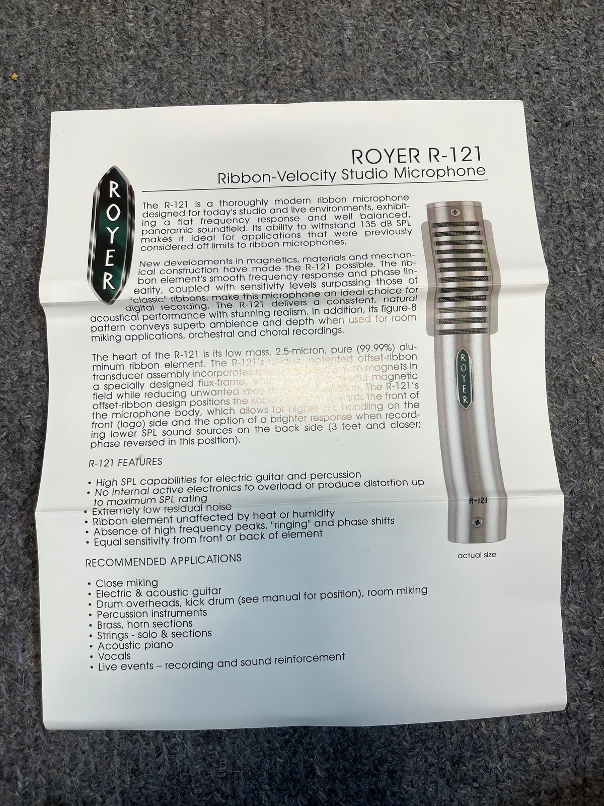 Product sheet for the Royer Labs R-121 Ribbon Microphone (pre-owned, excellent condition) by Royer Labs, with a photo plus info on features, specs, and ideal studio recording applications.