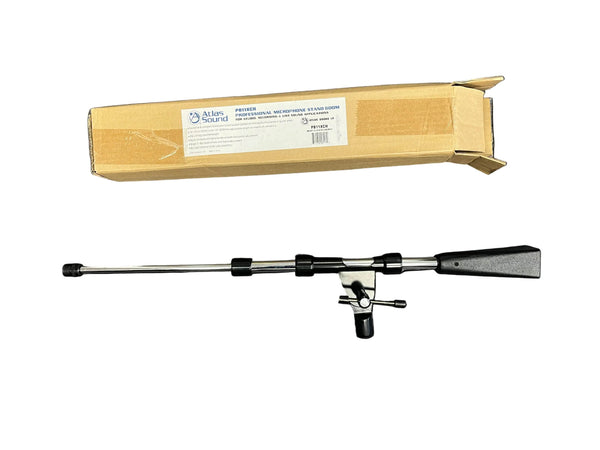 The Atlas Sound PB11XCH PRO Microphone Stand Boom by Atlas Sound features a metal telescopic boom arm with adjustable clamps and a black mounting bracket, making it ideal for close-proximity miking applications; shown isolated on a white background.