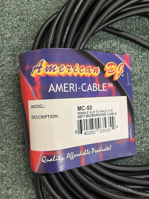 An American DJ MC-50 50ft XLR Microphone Cable with female-to-male connectors is coiled on a green carpet.