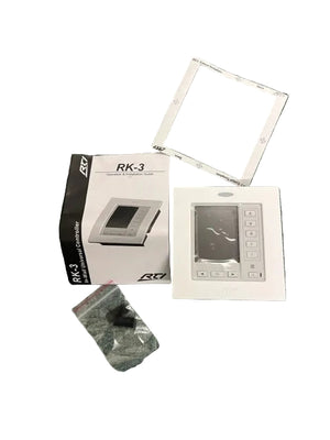 A boxed Remote Technologies Inc (RTI) RK-3 In-Wall Universal Controller kit with device, mounting frame, screws, and manual shown on white background—perfect for seamless home automation control.