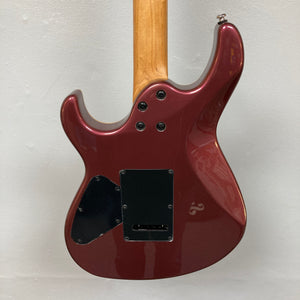 Sure! Here’s a revised sentence using your product data: The image shows the back of the Cort FW-G300 PRO Vivid Burgundy electric guitar by Cort, featuring a maroon finish, a natural wood neck, two black plastic backplates secured with four screws, all set against a white background.