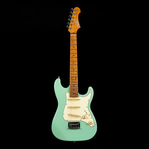 A light green Jet JET JS-300 Strat Style electric guitar with a roasted maple neck, white pickguard, and three SSS ceramic pickups, photographed against a black background.