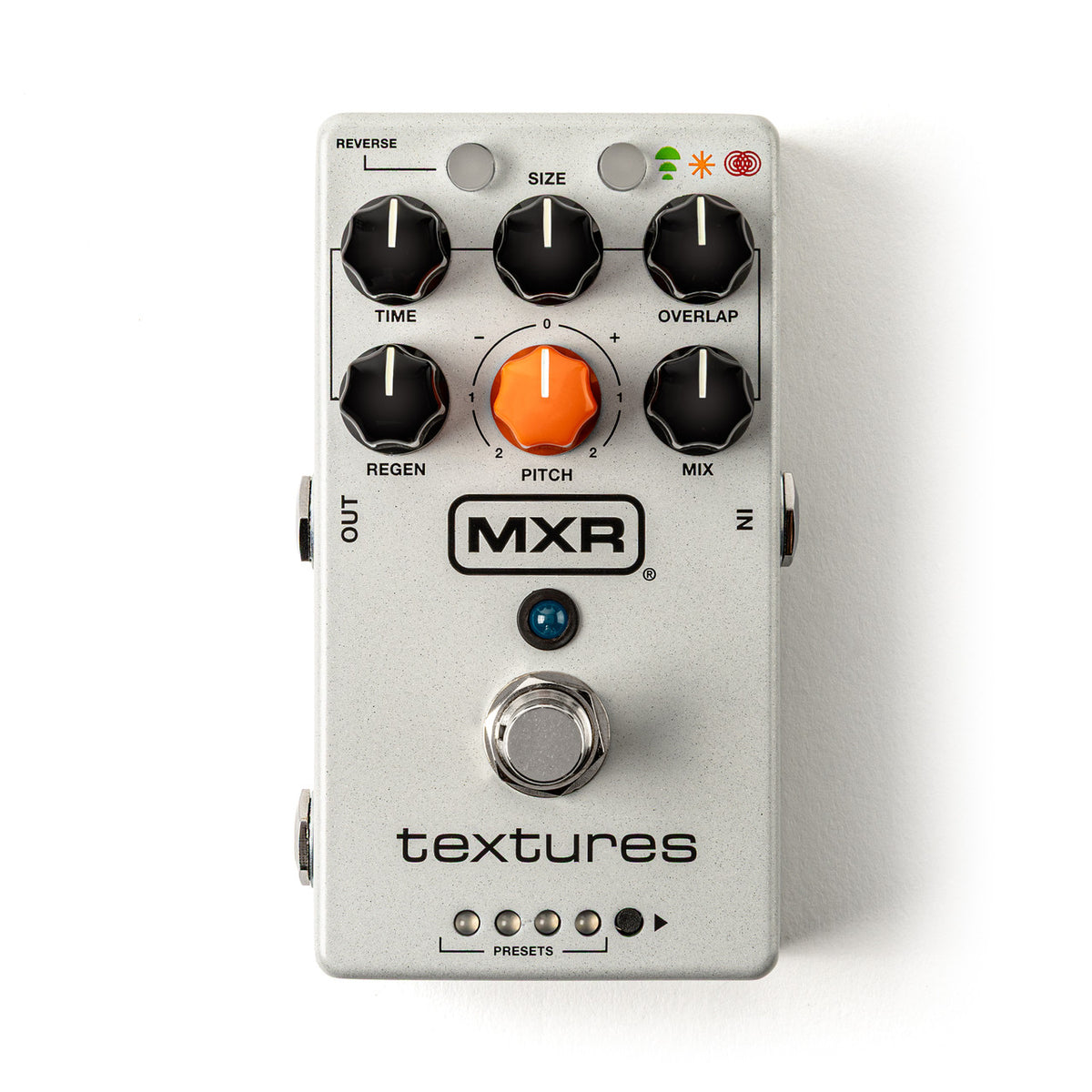 The MXR Textures M310 Pedal by MXR features a sleek silver design with five black knobs, one orange knob, a footswitch, three small indicator lights, and input/output jacks—ideal for creating immersive soundscapes or experimenting with granular synth-inspired effects.
