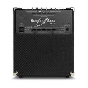 Rear view of the Ampeg RB110 Rocket Bass Amp by Ampeg, showcasing Super Grit Technology control panel, input/output ports, power socket, vent, model labeling on top, and a textured black lower section with metal corner protectors.
