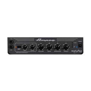 The Ampeg RB110 Rocket Bass Amp control panel features Super Grit Technology, knobs for grit, level, volume, bass, midrange, and treble, input jacks on the left, and power button with indicator lights on the right.
