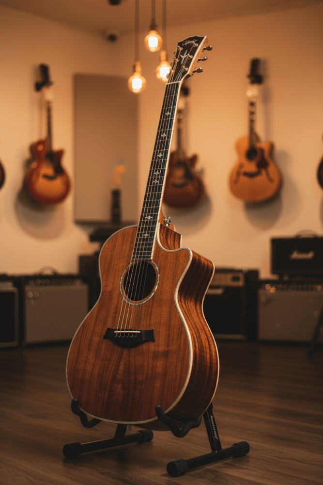 A cutaway acoustic-electric guitar with a rich brown wood finish stands on a black stand in a guitar shop. Other guitars and amplifiers are visible in the softly lit background.