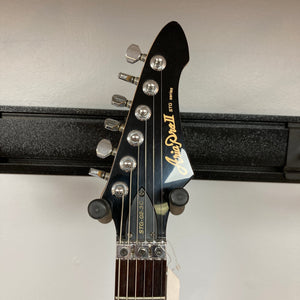 ARIA PRO II STG-02-3C electric guitar on stand, showcasing its neck, head, and metal components, ideal for versatile playability and tonal variety.