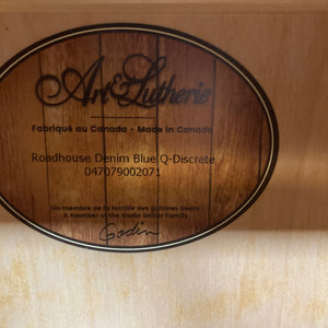 The label inside this Art & Lutherie Roadhouse Denim Blue Q-Discrete acoustic guitar shows its serial number, marking it as Canadian-made and part of the Godin Guitar Family.
