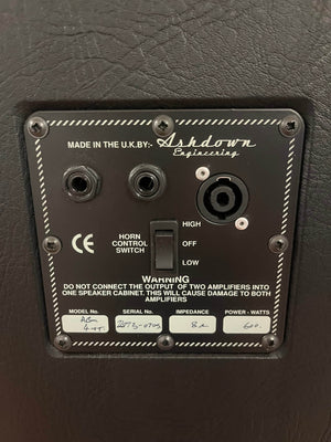 A close-up of an Ashdown UK Built ABM Bass Rig Full Stack speaker panel, featuring jacks, horn control, model and serial numbers, impedance, and power ratings from the EVO II 900 Head with 410T and 115-500 cabinets in flight cases.