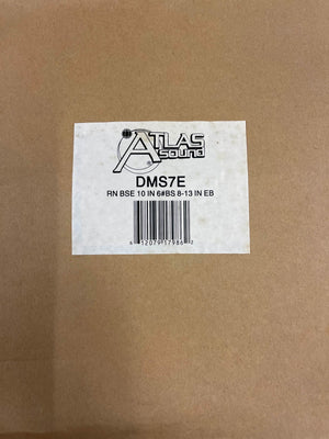 A brown box with a white label displaying the Atlas Sound logo, DMS7E Mic Stand Base with Extension Rod, model number, and barcode—ideal for safely shipping your Atlas Sound mic stand components.