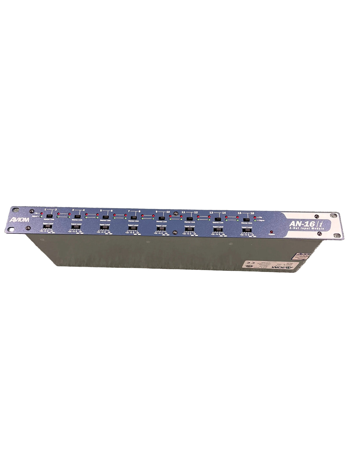 Aviom’s AN-16/i A-Net Input Module is shown from the front, highlighting its labeled connectors—perfect for professional live sound environments.
