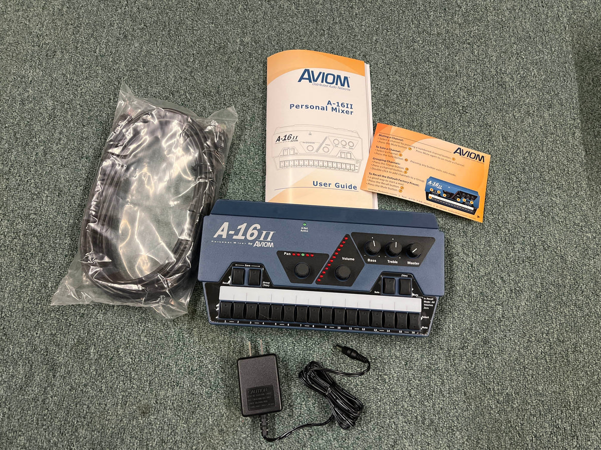 Aviom AN-16/II A-Net Input Module by Aviom, includes power adapter, user guide, warranty card, and coiled cable. It connects easily to any 16-channel personal mixer such as the Aviom A-16II.